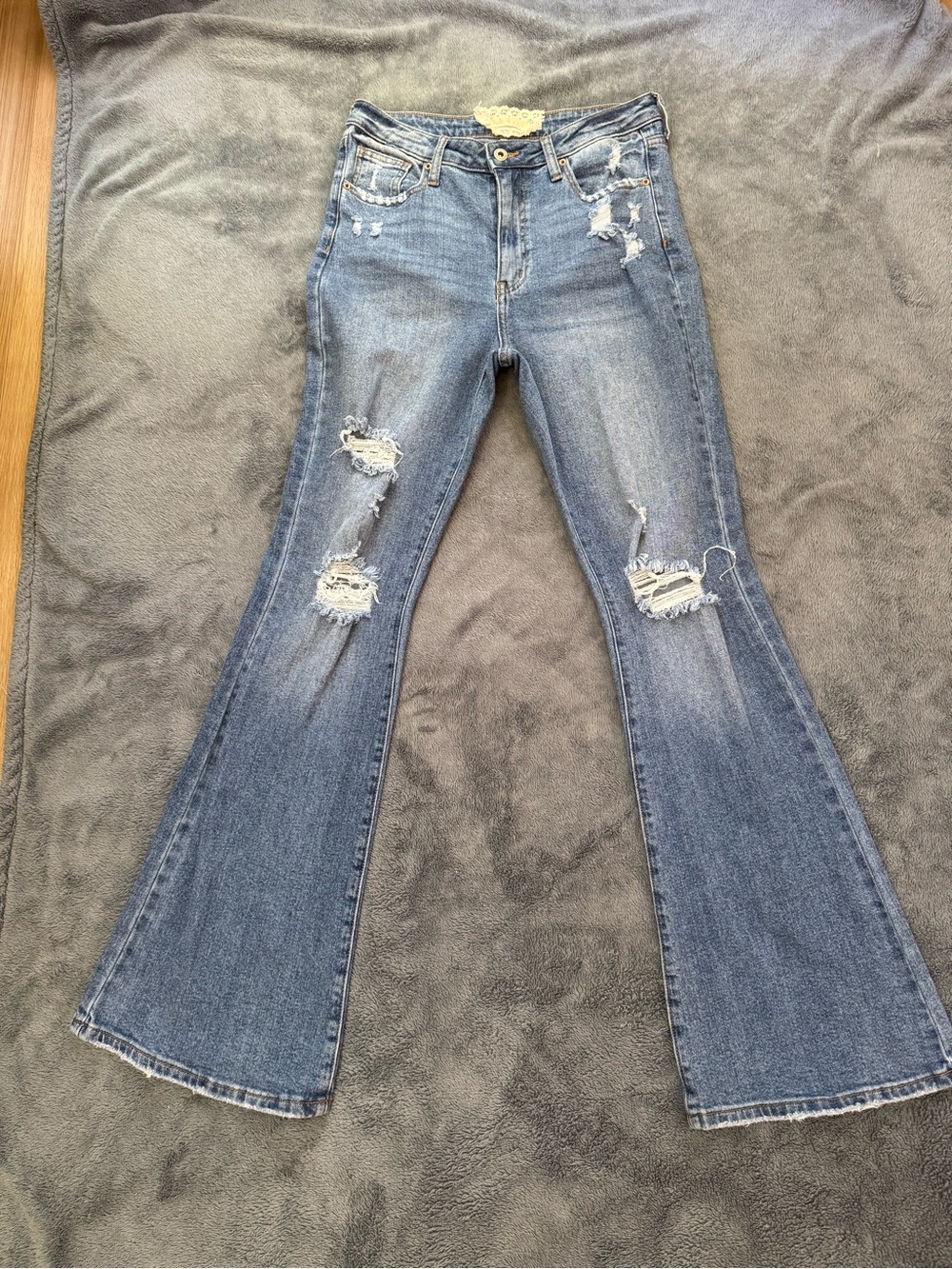 Altar’d State Women's Distressed Flare Jeans - Blue with Lace Size 29